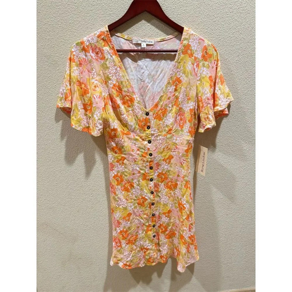 Rewind Womens Small Orange & Yellow Floral Mini Dress Fit Flare Short Summer NWT - Picture 2 of 3